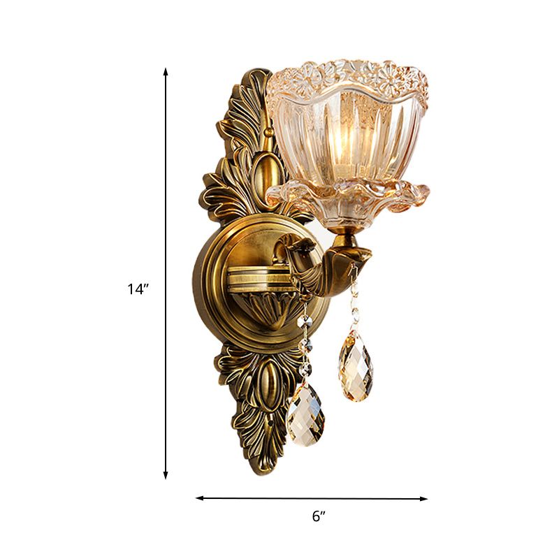 Modern Floral Shape Sconce Light Amber Glass 1/2 Heads Living Room Wall Mount Light with Teardrop Crystal Drop in Brass