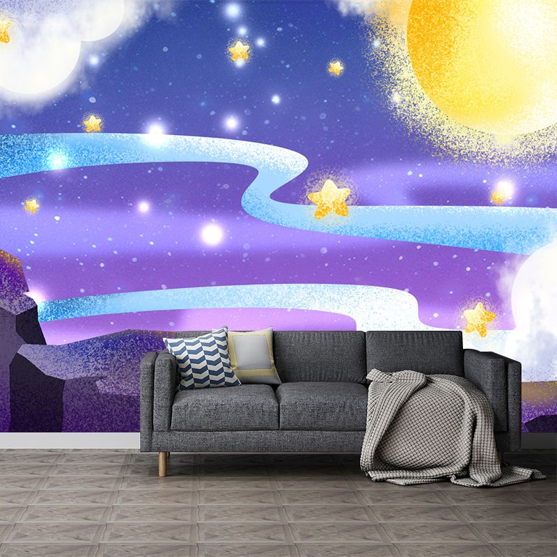 Fantasy Starry Moon Night Mural Wallpaper for Child Room, Purple-Yellow, Made to Measure