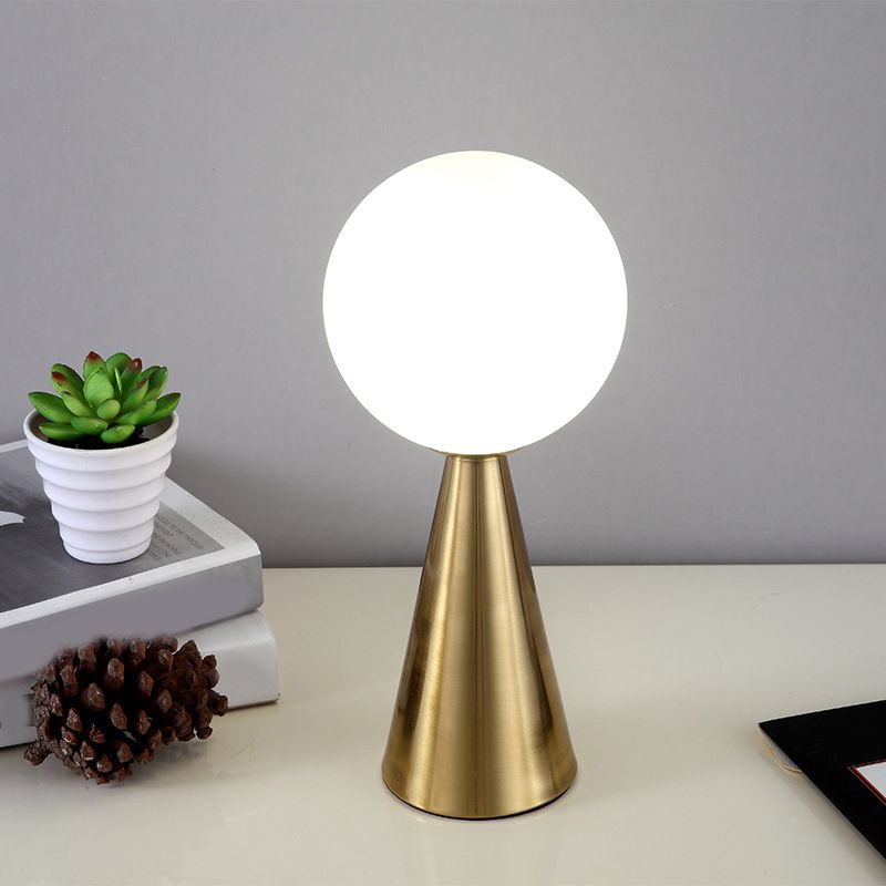 Conical Table Lamp Postmodern 1-Light Metal Night Light with Ball White Glass Shade