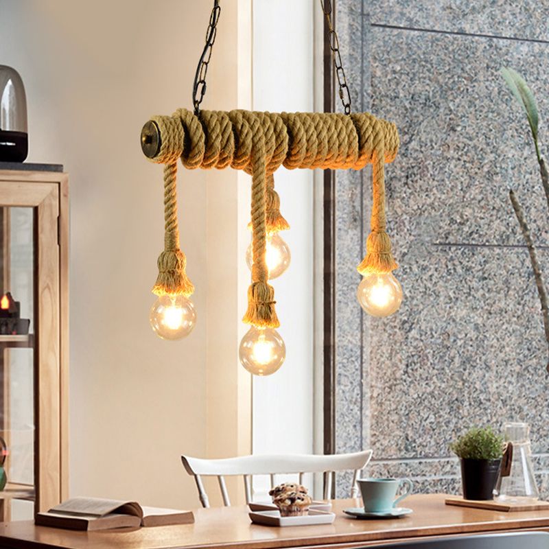Open Bulb Dining Room Island Lamp Rope 4 Lights Industrial Style Hanging Island Light in Beige