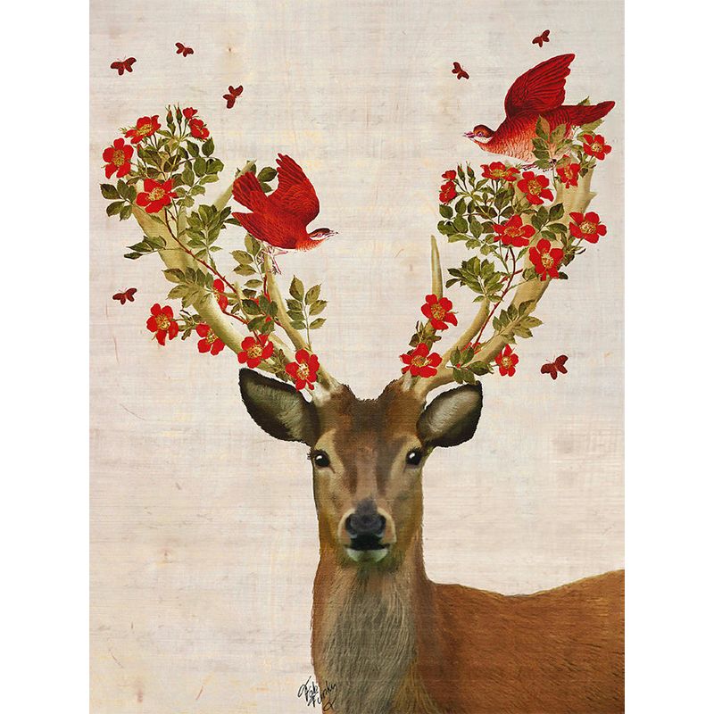 Red Brown Artistry Wallpaper Murals Whole Deer with Flower Antler Wall Art for Bedroom