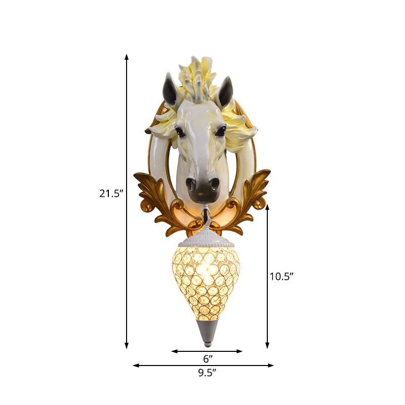 White/Red 1 Light Sconce Light Vintage Resin Horse Wall Lamp with Droplet Crystal Shade for Indoor, 9.5"/12" W