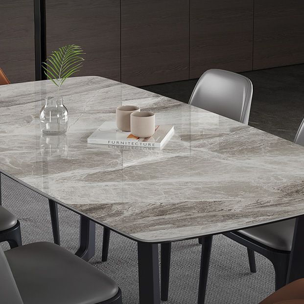 Mesa industrial rectangular con base de caballete, mesa fija en tono gris con piedra sinterizada