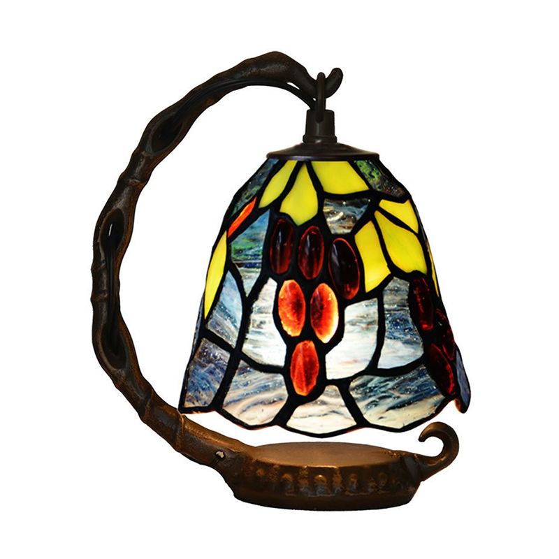 Lampada da tavolo con campana in vetro realizzata a mano in stile Tiffany, lampada da comodino blu a 1 testa con braccio curvo