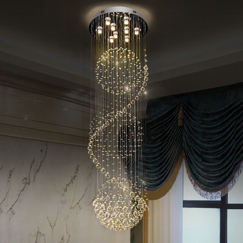 Black Orbs and Rods Cluster Pendant Modern Clear Crystal 9-Bulb Stair LED Ceiling Hang Fixture