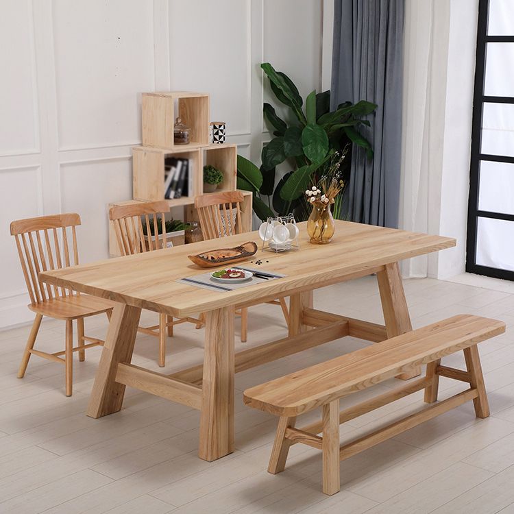 Rectangle Pine Wood Dining Table Modern Table in Nature with Wooden Trestle Base