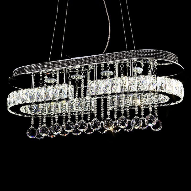 Stainless Steel Oblong Island Light Modern LED Crystal Pendant Lighting Fixture with Ball Tassel