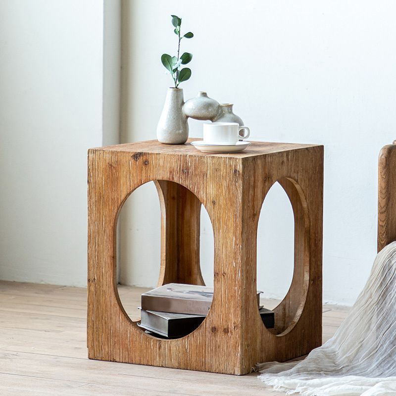 Rustic Square Wooden End Table Natural Drum Sofa Side Accent Table