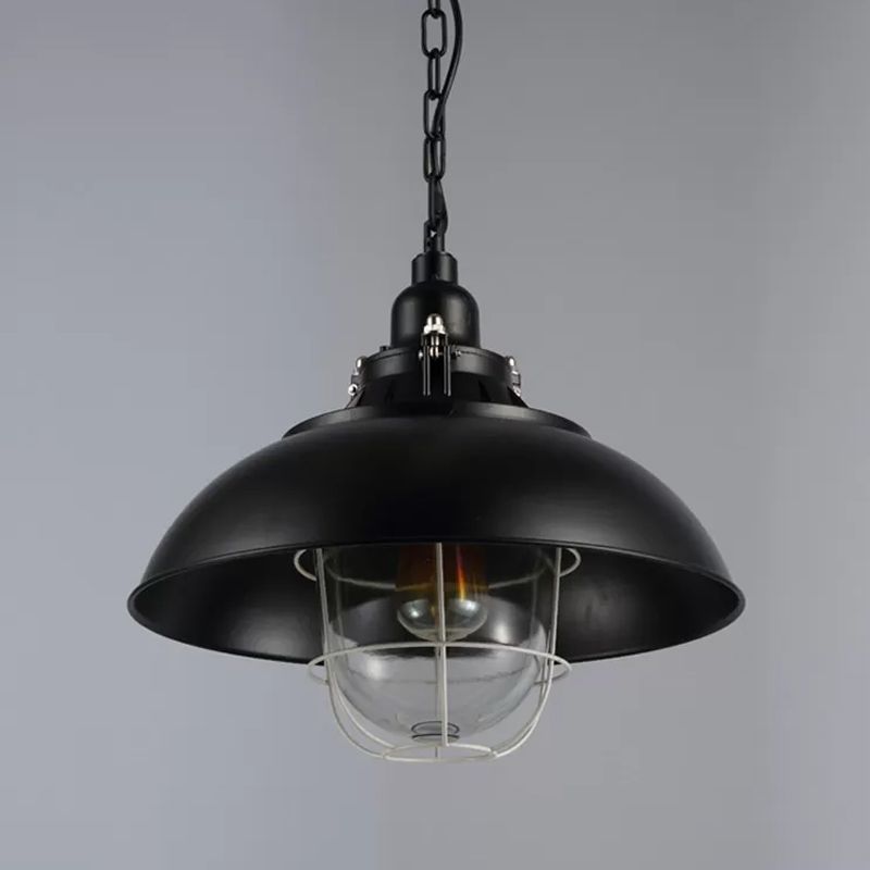 12"/16" W Bowl Metal Pendant Lighting Rustic 1-Light Bistro Hanging Lamp with Wire Cage and Clear Glass Shade in Black