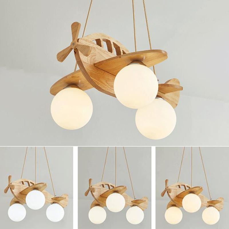 Solid Wood Airplane Shaped Chandelier Light 3-Light White Frosted Glass Ball Shade Lighting Fixture for Children Room