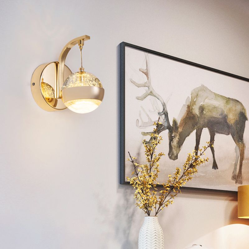 Bedroom Sconce Light Fixture Modern Style Gold LED Wall Lighting Fixture with Round Crystal Shade