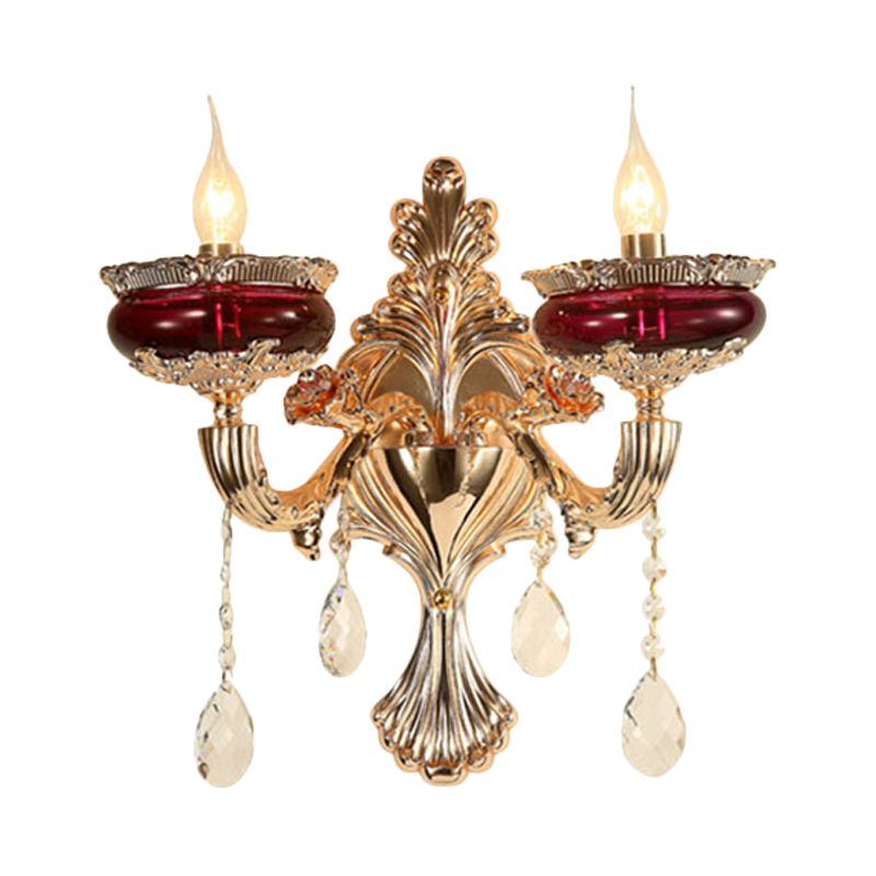 Crystal Gold-Red Wall Lighting Ideas Flameless Candle 1/2-Head Traditional Sconce Lamp for Lobby