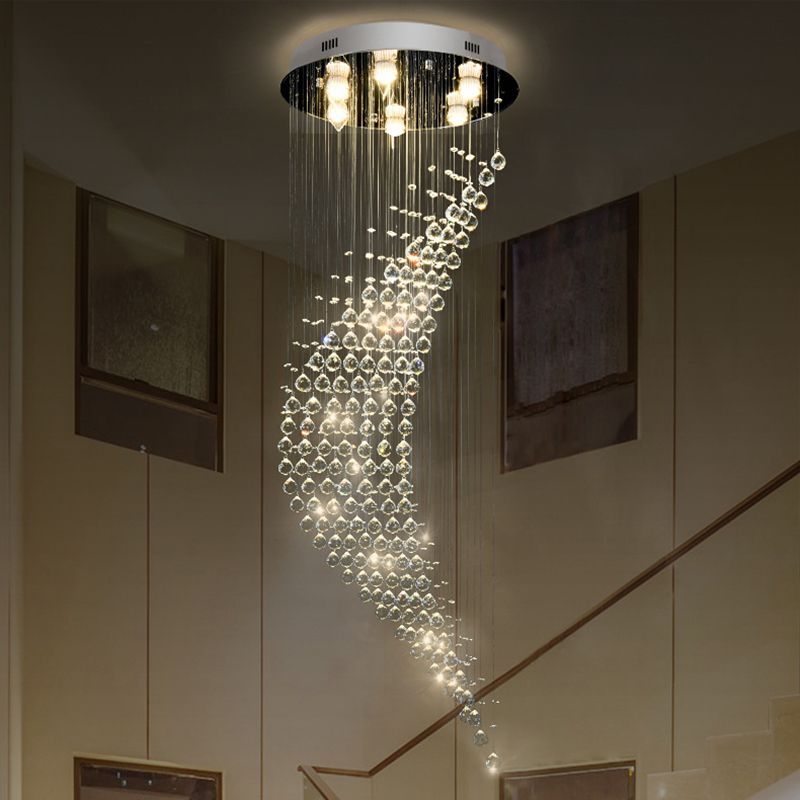 Crystal Draping Chrome Flush Light Crescent Shaped 6 Bulbs Modernist Ceiling Mount Lamp