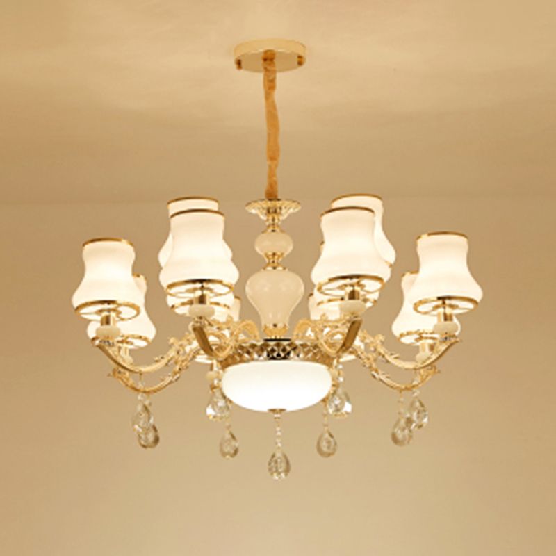 Klassieke Bud Chandelier Lighting White Glass Hanglamp met kristalafgraden voor woonkamer