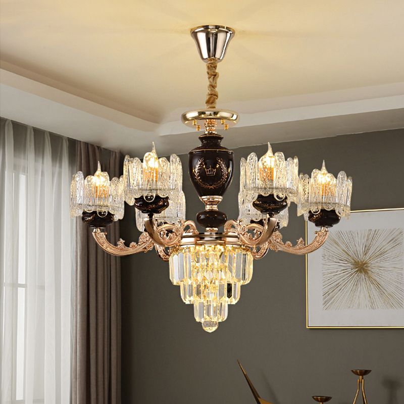 Black and Gold Drum Suspension Lighting Traditional Crystal 6 Heads Dinning Room Chandelier