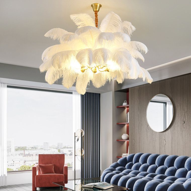 Ostrich Feather Ceiling Chandelier Modern Nordic Creative 6 Light Hanging Ceiling Light for Bedroom