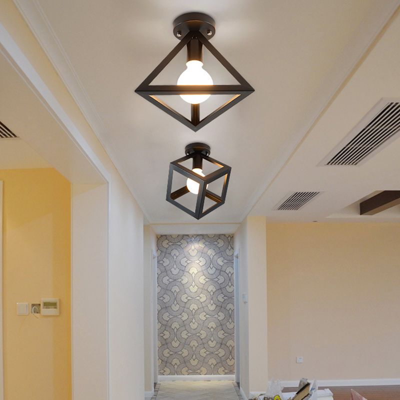 Iron Caged Flushmount Ceiling Lamp Industrial 1-Bulb Hallway Flush Mount Lighting in Black