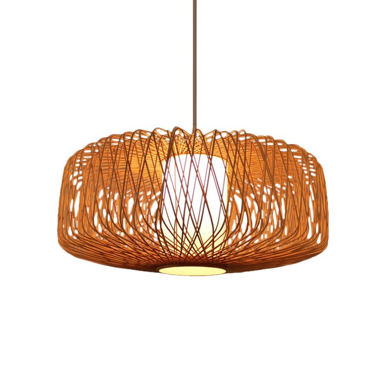 Cylinder Suspension Pendant Contemporary Bamboo 1 Bulb Black/Wood Hanging Light Kit, 16"/23.5" Wide