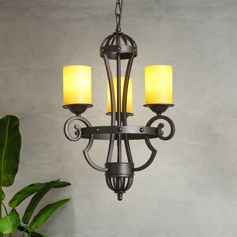 3 Lights Dining Room Chandelier Light Rustic Black Hanging Fixture with Cylinder Yellow Glass Shade