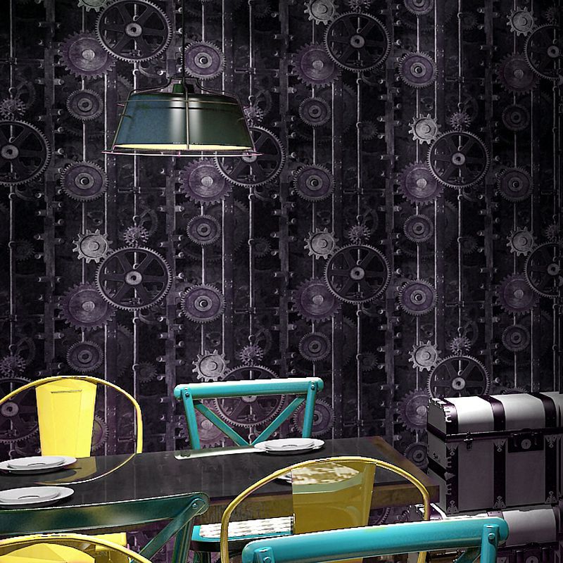 33' by 20.5" Industrial Hanging Chains and Wheel Gears Non-Pasted Wallpaper in Black and Brown