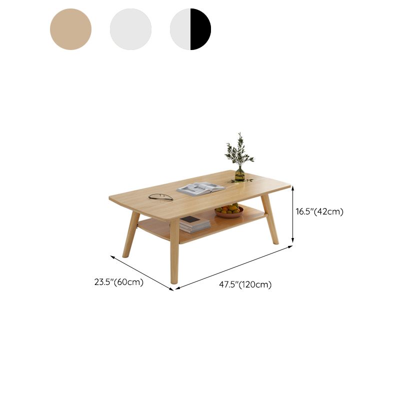 Contemporary Rectangle Wooden Coffee Table with Shelf and 4 Solid Wood Legs