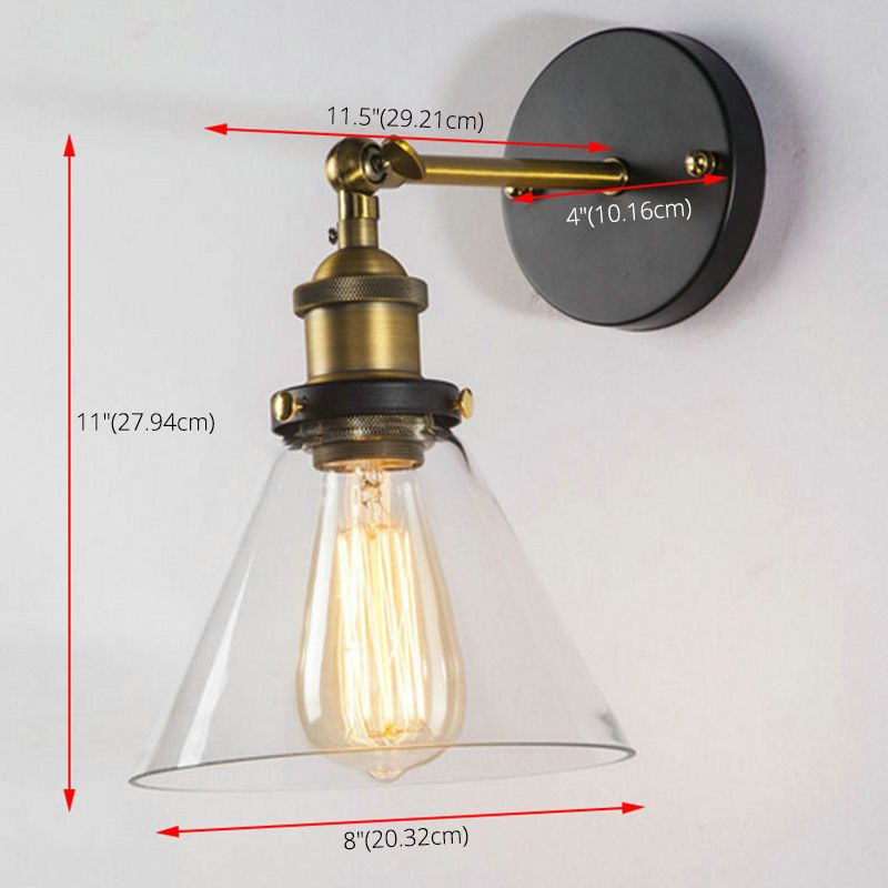 Industrial Style Conical Clear Glass Wall Sconce with Rotatable Brass Light Arm Single Light Lighting Fixture for Hallway Aisle
