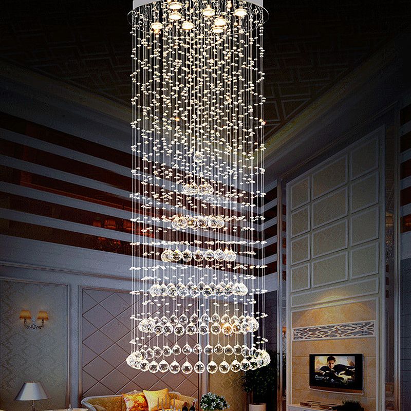 Cylinder Flush Mount Lighting Minimalist Crystal Ball 8 Lights Nickel Close to Ceiling Lamp