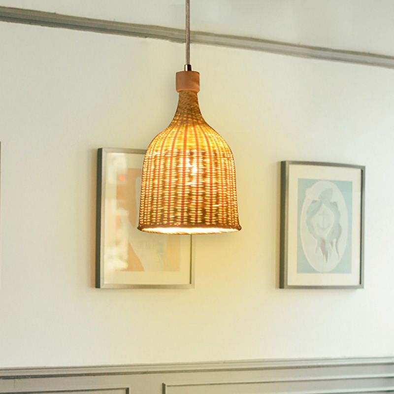 1 Head Bedroom Down Lighting Asian Flaxen Pendant Light Fixture with Cylinder Bamboo Shade