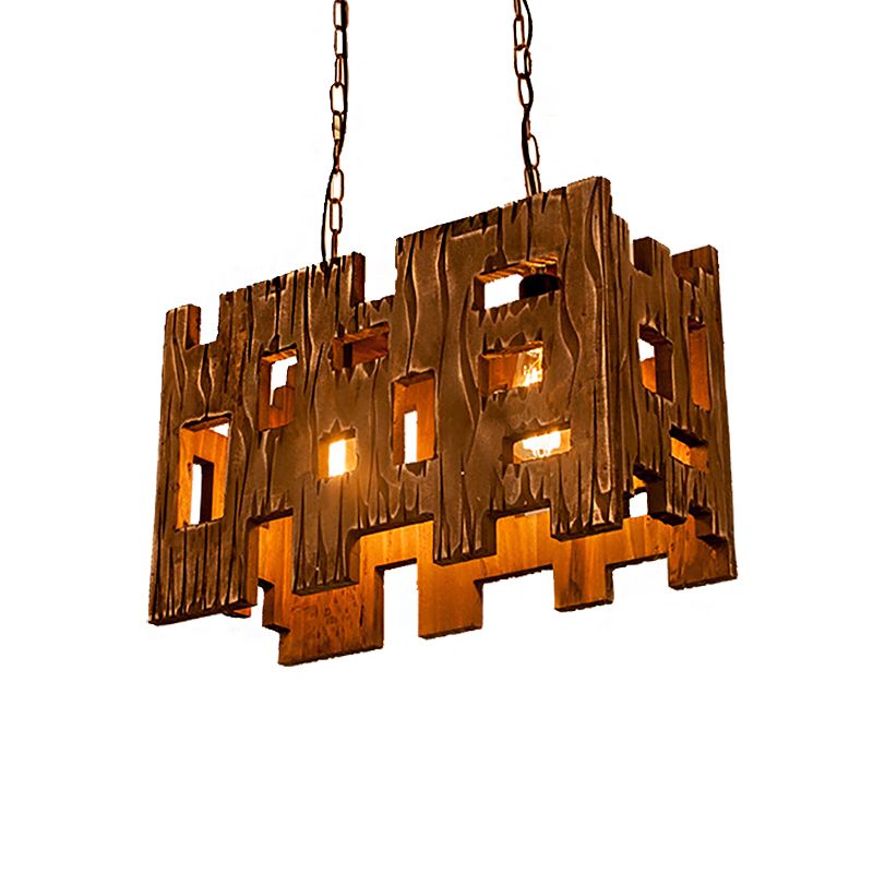 Brown Rectangle Pendant Fixture Antique Etched Wood 1/2/3-Light Dining Room Hanging Ceiling Light