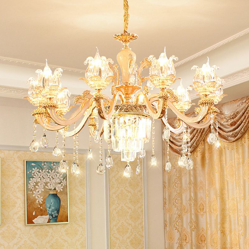 Handgeblasenes Glasblumenaufhängung Licht Retro -Retro -Stil -Kronleuchter Licht mit abgestufter Kristalldekor in Gold