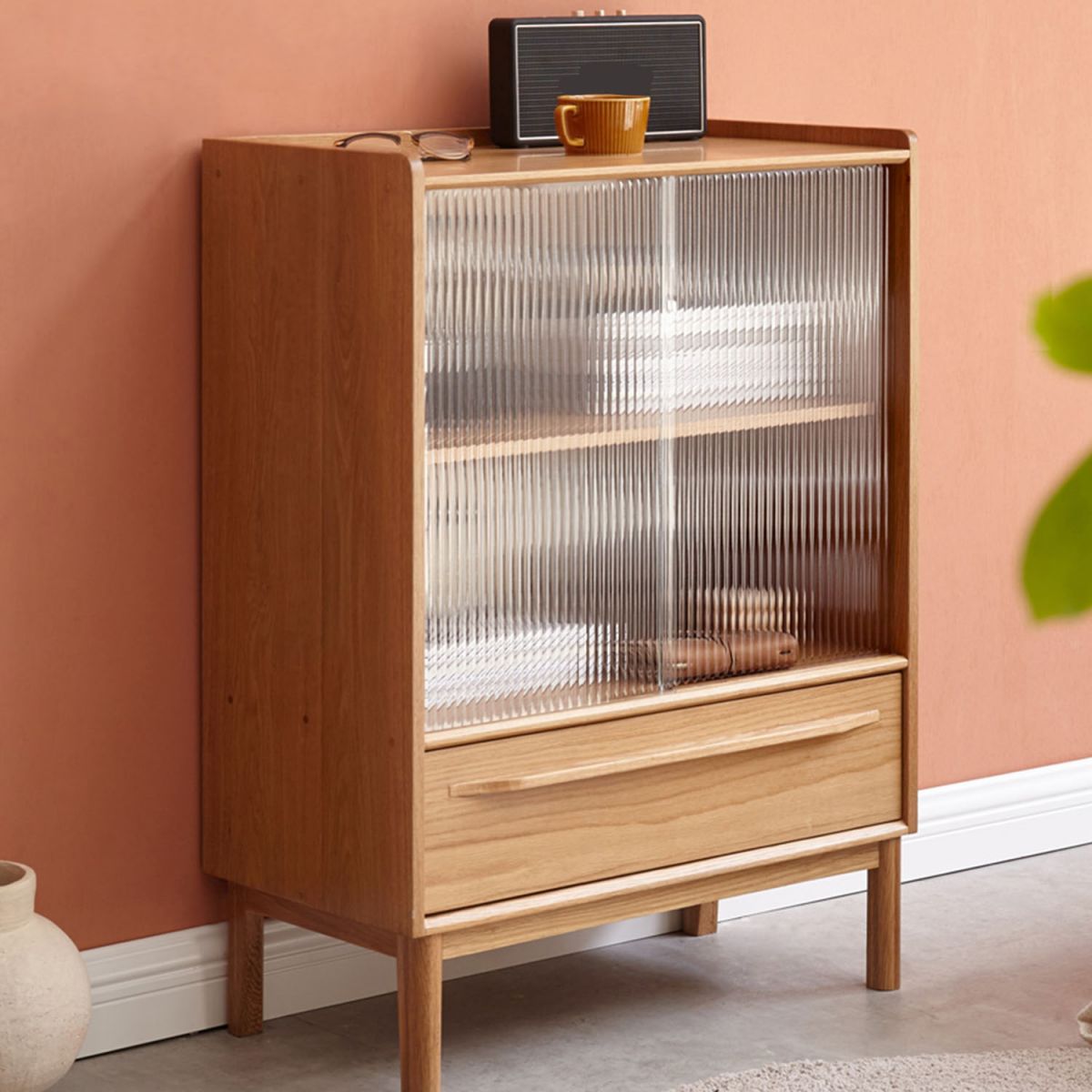 Glass Paned 1 - Drawer Solid Wood Accent Cabinet for Living Room
