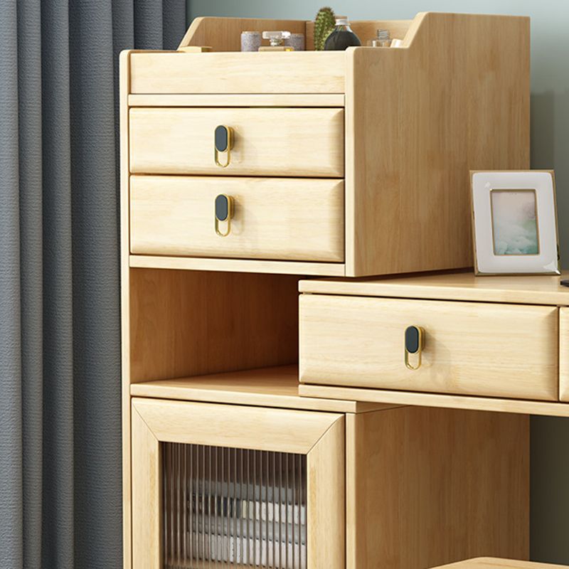 Wood Vanity Set with Stool and Mirror Scandinavian 4 Drawers Dresser
