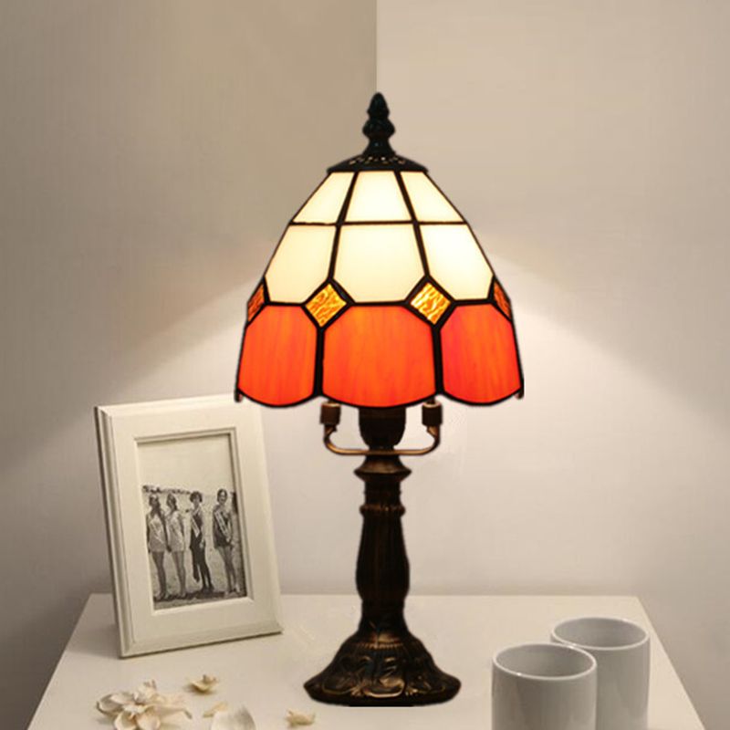 Dome Night Light Mission Stained Art Glass 1 Head Beige/Yellow/Orange Grid Patterned Nightstand Lighting for Bedroom