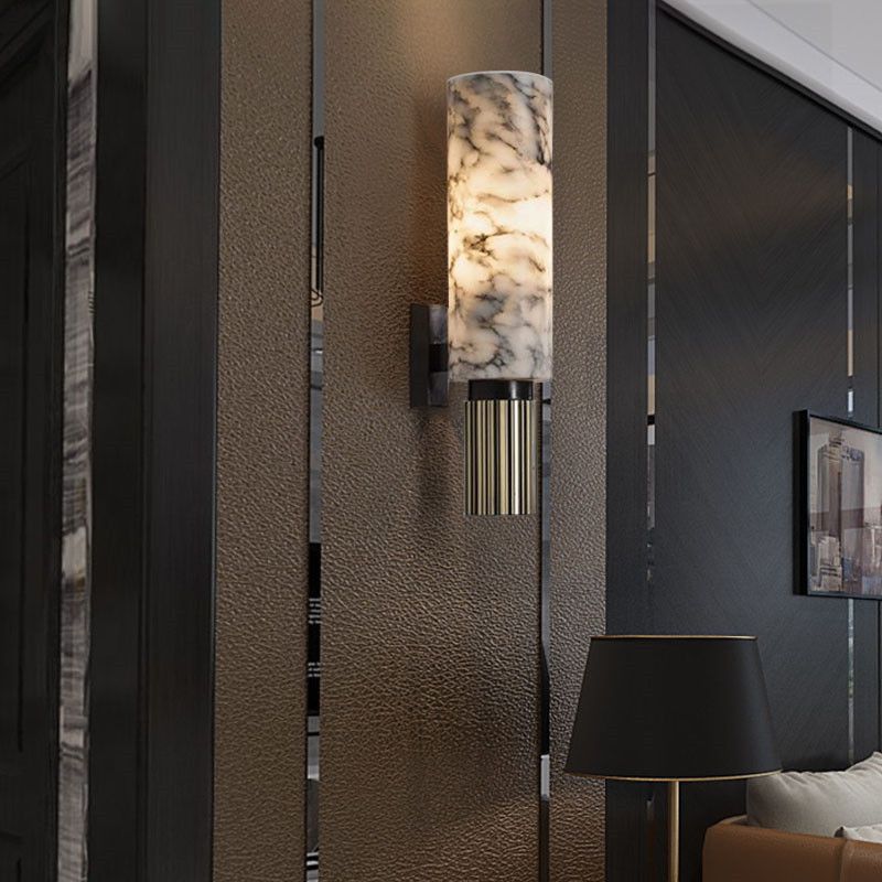 Cylinder Metal Sconce Light Traditional 1 Head Nickel Wall Lighting Fixture with Marble Shade