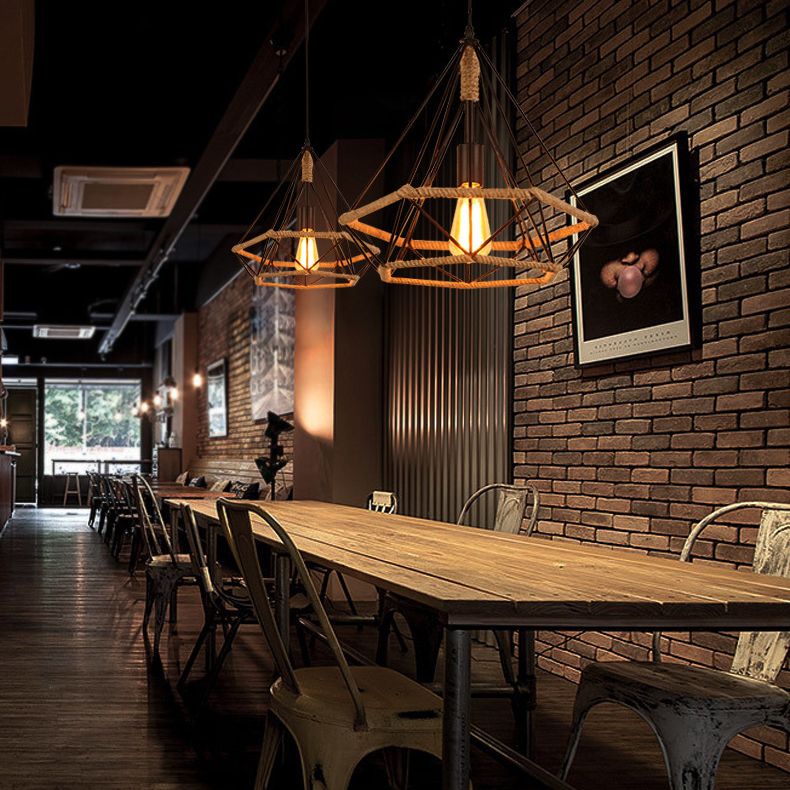 Diamond Cage Rope Ceiling Pendant Light Vintage Style Restaurant Pendant Ceiling Light in Beige