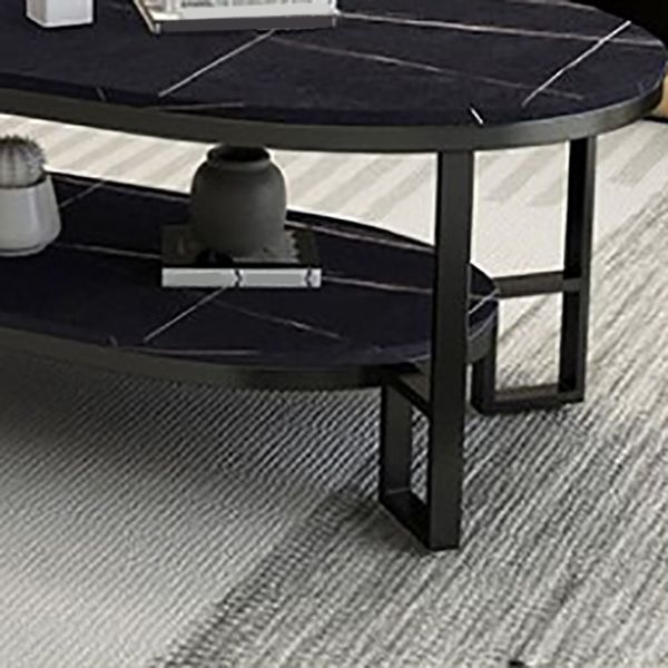 Oval Slate Top Coffee Table Iron 4 Legs Cocktail Table with Shelf
