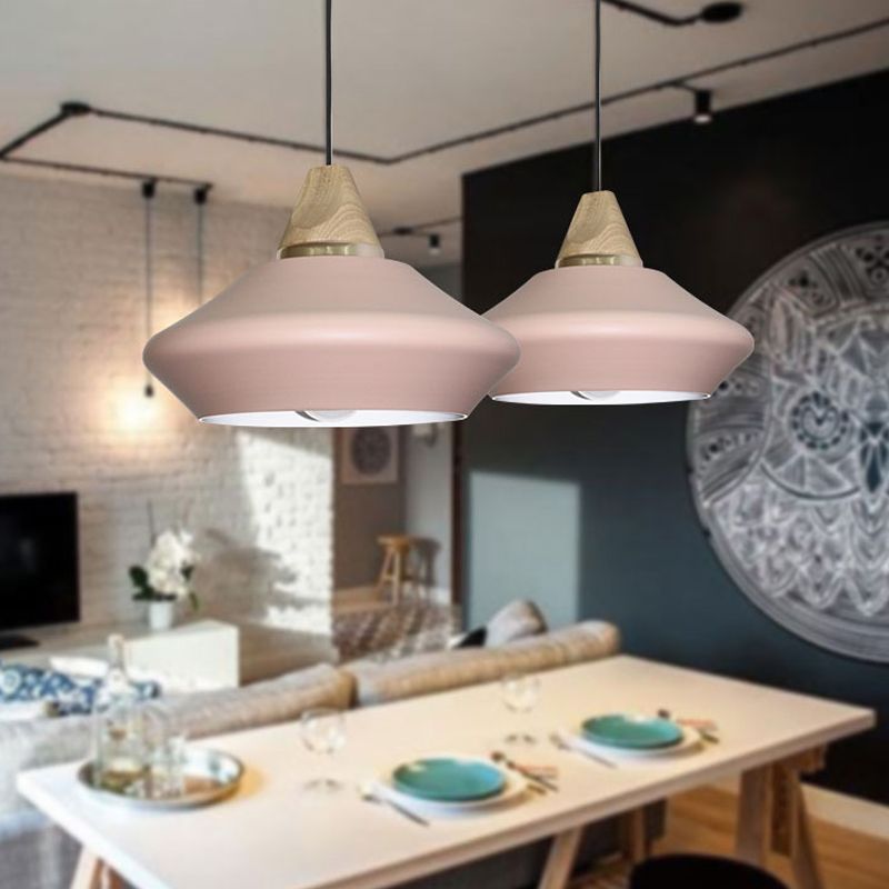 Hat Ceiling Lamp Contemporary Metal 1 Head Pink/Coffee Pendant Light Fixture with Wood Cap