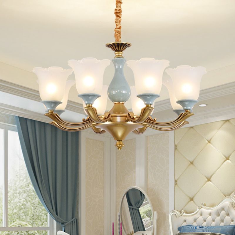Frosted Glass Blue Chandelier Lighting Flared Classic Pendant Light with Ruffled Edge for Living Room
