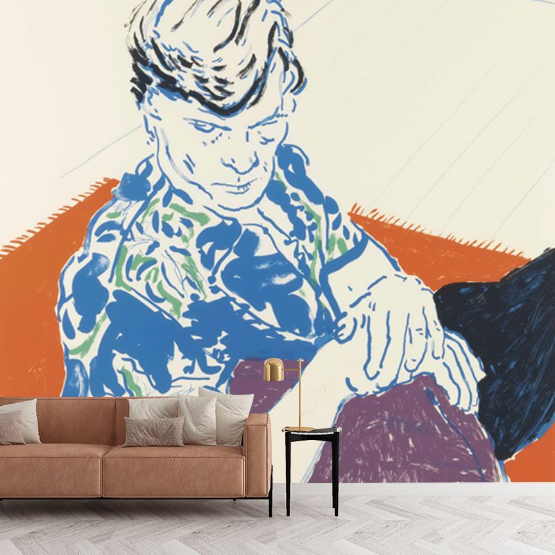 Man in Hawaiian Shirt Mural Orange and Blue Pop Art Wall Decoration for Living Room