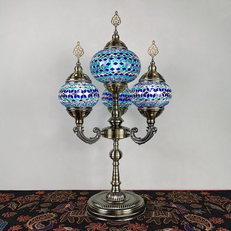 Stained Glass Candelabra Task Lamp Traditional 4 Lights Bedside Nightstand Lamp in Yellow/Orange/Blue