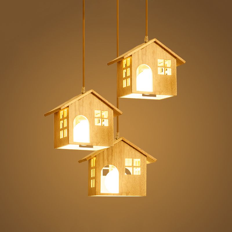 House Multi Hanging Light Fixture Lodge Wood 3 Heads Beige Pendant Lamp over Dining Table