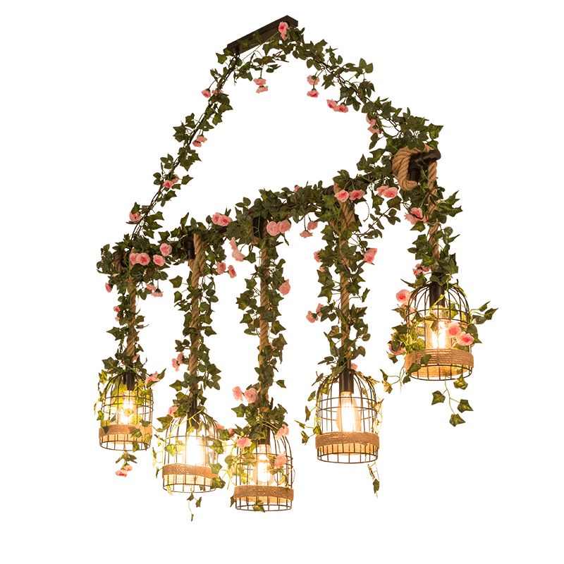 Farmhouse Shaded Pendant Lamp Metallic Hanging Island Light with Faux Plant in Green