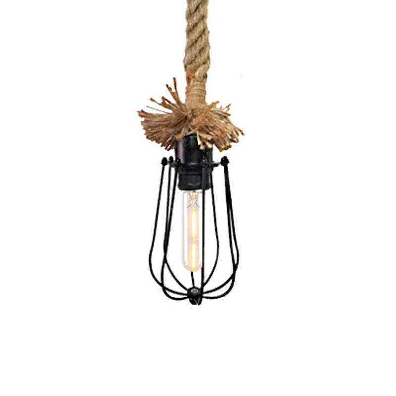 Black Bulb-Shaped Suspension Lamp Industrial 1 Head Metal Pendant Lighting with Wire Guard and Adjustable Rope
