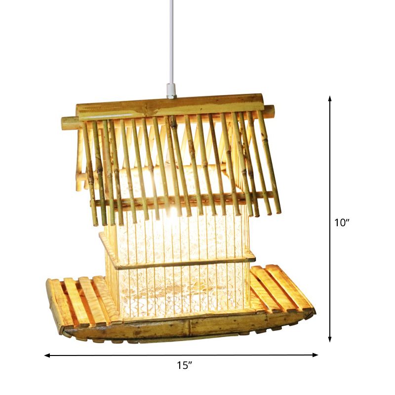 Asian 1 Head Hanging Light Beige Boat Pendant Lighting Fixture with Bamboo Shade