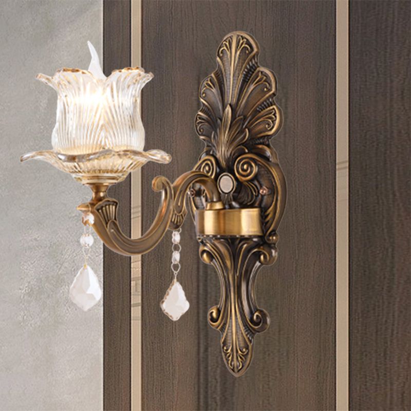 Single Wall Mounted Light with Flower Shade Clear Prismatic Glass Traditional Bedside Wall Lamp in Antique Brass