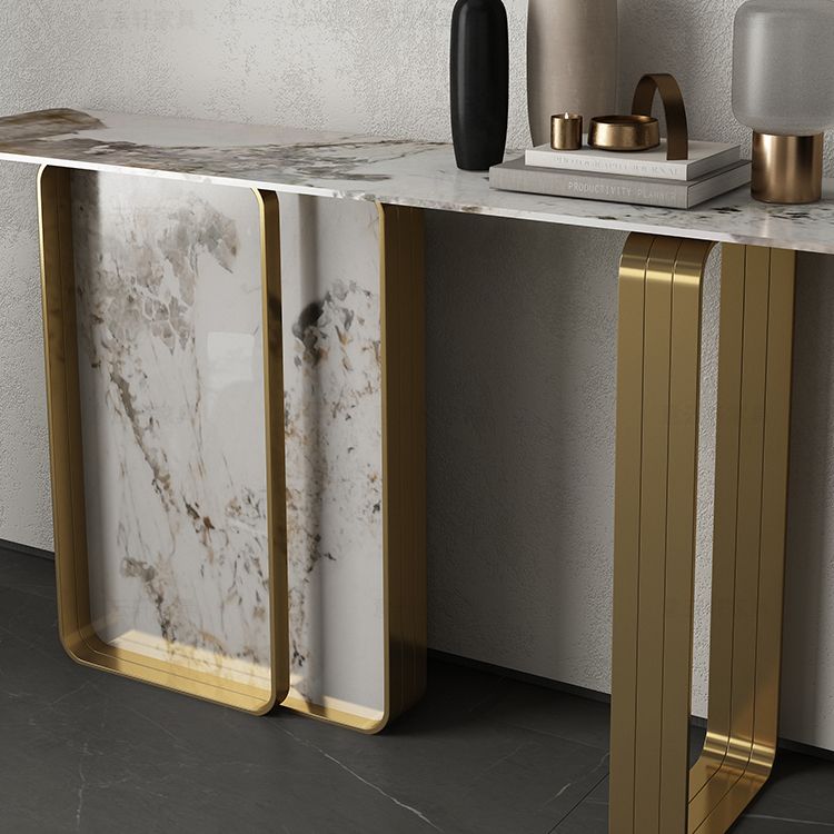Modern Rectangular Console Table Stone Console Sofa Table in Gold and White