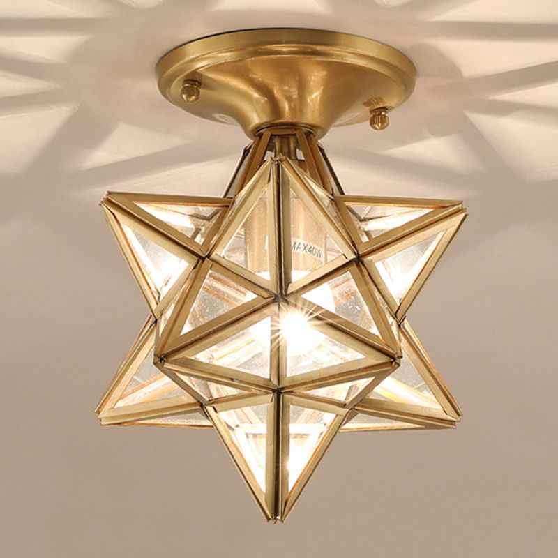 Plafonnier étoile en cuivre à montage encastré d'intérieur de luxe colonial avec abat-jour en verre