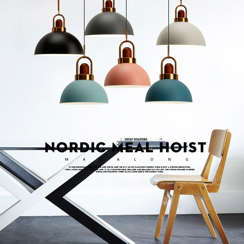 Metal Hemispherical Hanging Light Nordic Style 1 Light  Restaurant Ceiling Pendant Lamp with Wooden Top