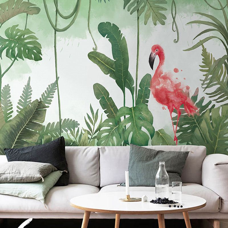 Illustration Style Flamingo Mural Wallpaper Full Size Wall Art for Guest Room， Customized Size Available