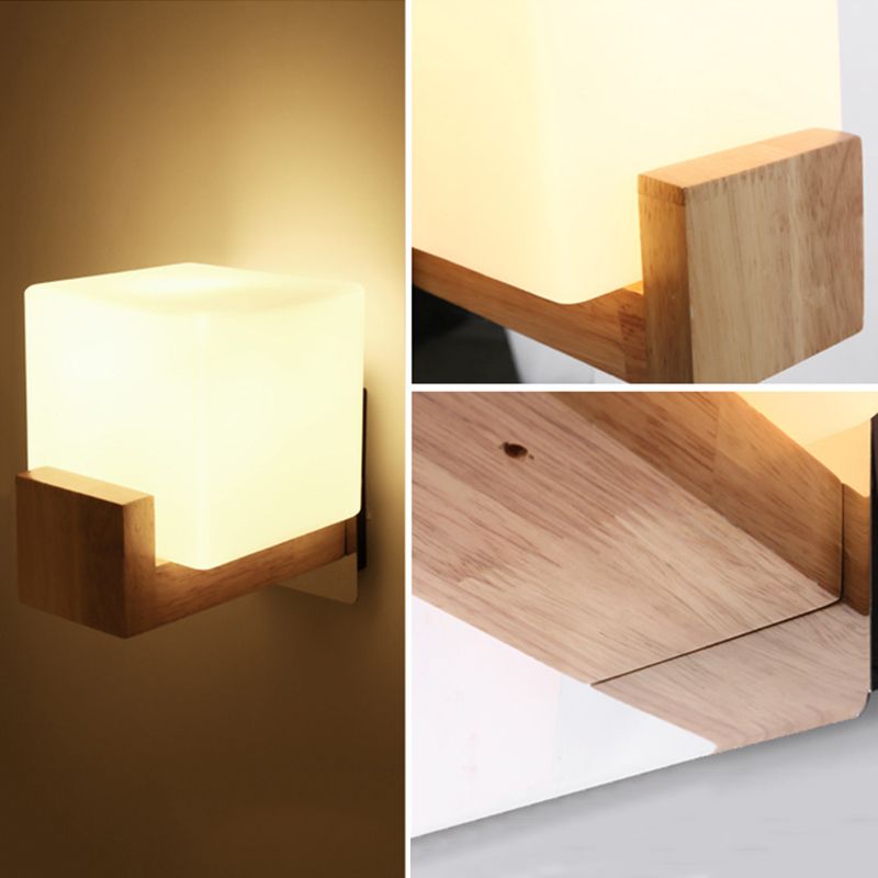 Nordic Style Squared Wall Sconce Lighting Wooden Bedroom Wall Light Sconce in White